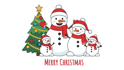 Christmas Cheer: A delightful Christmas scene showcasing a family of snowmen gathered joyfully beside a festively adorned Christmas tree, evoking warmth, family, and the magic of Christmas.