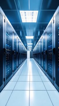 Long perspective of a row of server racks in a clean, bright, modern data center with servers running, for technology or computer science visuals.
