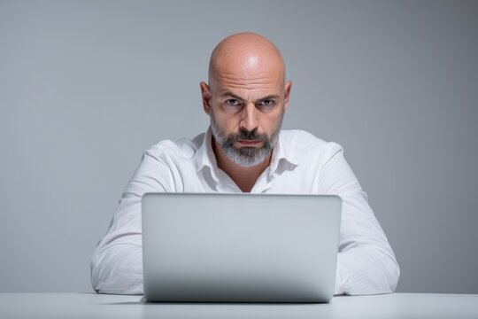 Business Tech Professional Working Intently on Laptop Minimalist Office Setting Focused Environment Documentary Style