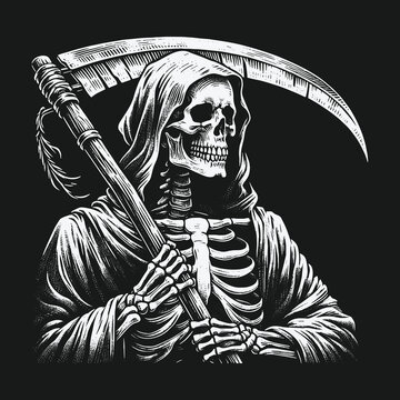 Grim Reaper skeleton in a hooded cloak holding a scythe illustration.