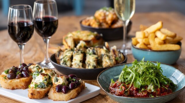 A beautifully arranged dinner table showcases Italian and French dishes, including bread, pasta, and hearty salads. Red wine complements the meal as patrons enjoy a cozy evening dining experience