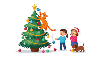 Christmas Cat Caper: A playful scene unfolds as a curious cat mischievously interacts with a Christmas tree, creating a delightful holiday moment with children and a dog