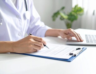 Fototapeta premium Doctor writing on a medical form with a laptop in the background