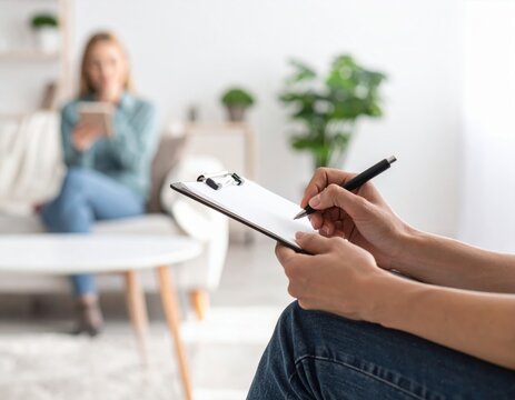 Therapist taking notes during a counseling session with a patient