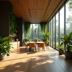 AI Generative. Luxurious Dining and Living Area with Biophilic Design and Forest View. 8