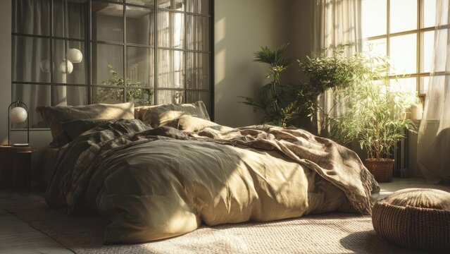 A sunlit bedroom with a large bed, creamy beige bedding, and multiple green plants by a big grid-window. Concept Sunlit Bedroom, Creamy Beige Bedding, Indoor Plants, Grid Window, Cozy Ambience