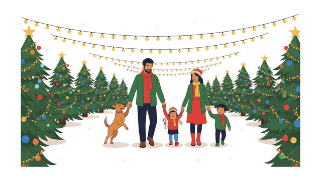 Joyful Family Christmas Walk: A cheerful family strolls through a winter wonderland adorned with twinkling lights and festive Christmas trees. Embracing the warmth of the season.