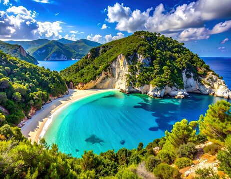 Breathtaking cove with turquoise water, sand beach, and green hills