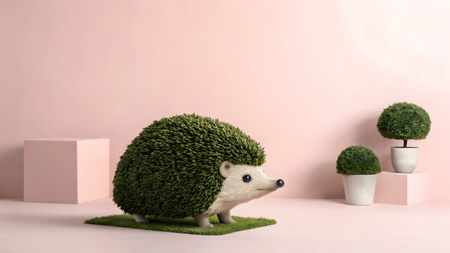 Adorable topiary hedgehog sculpture on grass in minimalist pastel pink setting with geometric decor and potted plants - Powered by Adobe