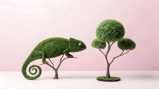 Creative green topiary chameleon sculpture on branch beside ornamental trees in minimalist pastel pink background