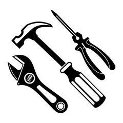 Black silhouette of hammer wrench and pliers tools on white background