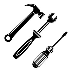 Black silhouette of hammer wrench and screwdriver tools