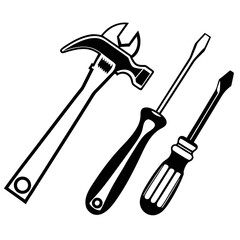 Black and white illustration of a hammer and two screwdrivers