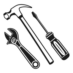 Black and white illustration of a hammer wrench and screwdriver