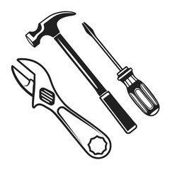 Set of three common hand tools including a hammer wrench and screwdriver