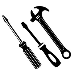 Black silhouette of two screwdrivers and an adjustable wrench