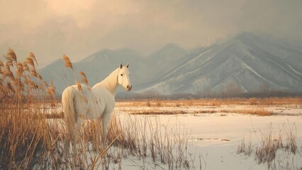A white horse standing in a snow-covered field among tall golden reeds with distant mountains in the background. Concept White horse, Snowy field, Golden reeds, Mountain backdrop, Rural landscape