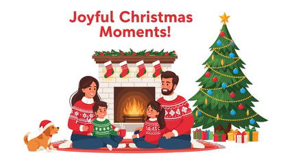 Joyful Christmas Family Scene: A heart warming illustration captures a family gathering by the fireplace, embracing the joy of christmas with a decorated tree and holiday spirit.