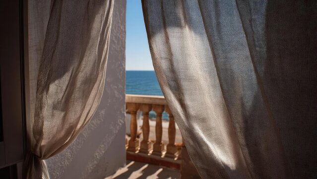 Blue ocean view framed by open sheer curtains on a balcony with a stone balustrade. Concept Blue Ocean View, Open Sheer Curtains, Balcony Scene, Stone Balustrade, Coastal Light