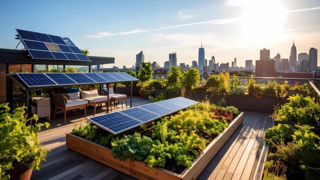Rooftop urban garden and solar panel installation with city skyline view, sustainable living in an urban environment, solar energy