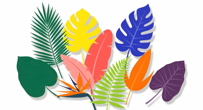 A harmonious arrangement of stylized, vibrantly colorful tropical leaves creating a contemporary and exotic design element.