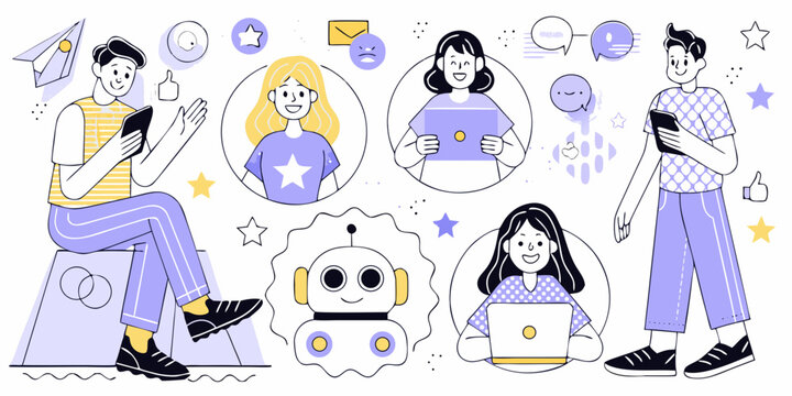 Diverse group of people interacting with technology and a friendly robot in a modern flat design style