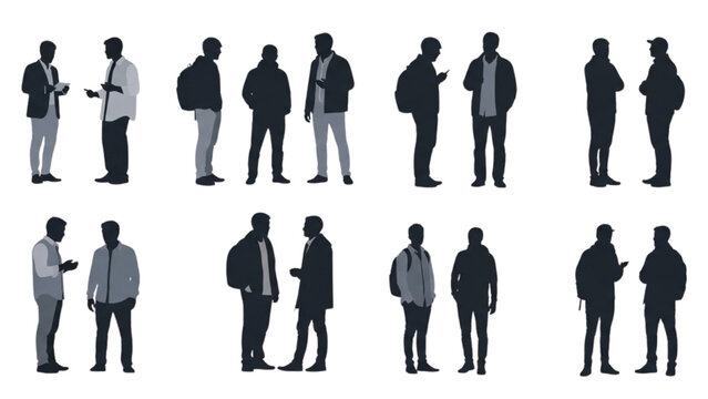 Set of vector silhouettes of two men standing and talking in various poses