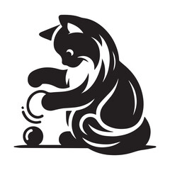 Black Cat Playing with Ball Silhouette Vector Illustration.