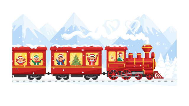 Whimsical Winter Express: A vibrant, festive train chugs merrily through a snowy wonderland, adorned with animated figures eager to welcome the festive season. A scene of seasonal joy! 