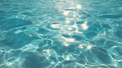 透明なエメラルドグリーンの水面：きらめく太陽の光と水中波紋
