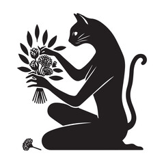 Black cat holding flowers elegant silhouette artistic illustration.