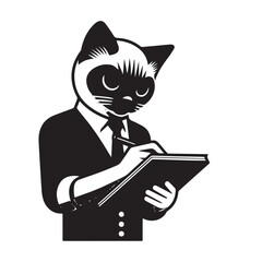 Cat in Suit Taking Notes: Professional and Focused.