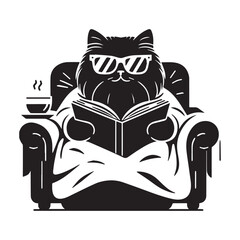 Relaxed Cat Reading Book in Armchair with Coffee.