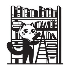 Cat in Library Reaching for Books on the Shelf.
