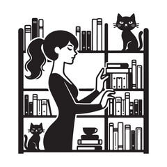 Woman in Library with Cats and Books.