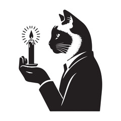 Elegant Cat in Suit Holding Lit Candle.