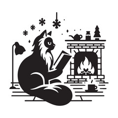 Cozy Cat Reading by Fireplace in Winter Scene.