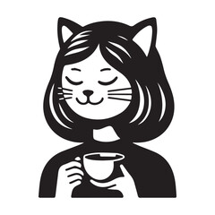 Cat girl enjoying a warm beverage peaceful and content.