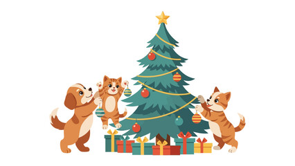 Holiday Cheer with Pets: A charming illustration depicts the holiday spirit, with a puppy and two kittens adorning a Christmas tree, creating a scene of joy and companionship.