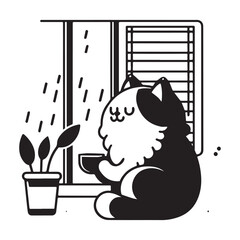 Cozy Cat Contemplating Rain Enjoying Warm Beverage Peaceful Moment.