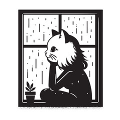 Contemplative Cat Gazing Through Window During Rainy Weather.