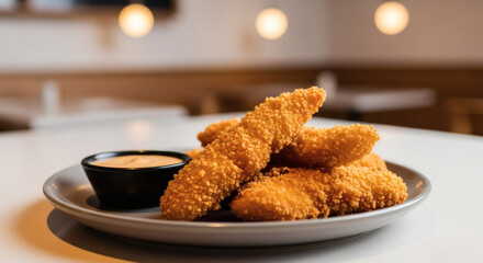 Close-up of Crispy Golden Fried Chicken Tenders with Creamy Dipping Sauce on a Dark Plate in a Warmly Lit Restaurant Setting