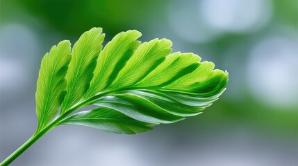 Vibrant Green Fern Frond Unfurling in Softly Blurred Forest Sunlight Detailed Texture and Fresh Growth