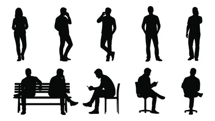 Human silhouettes collection in various poses isolated on white background, Vector