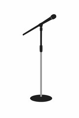 Clean Vector Microphone Stand Illustration. Solid Black and Silver Colors on White Background.
