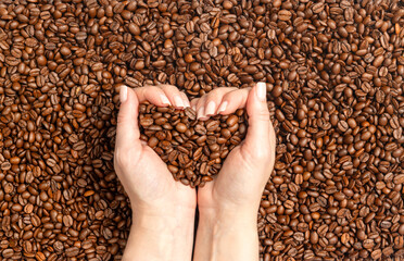 Female hands hold roasted coffee beans, forming a heart shape. Concept of aroma, freshness, caffeine and morning energy. Close-up view of coffee culture and natural brown texture.