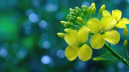 Vibrant Close Up Of Blooming Yellow Mustard Flowers With Green Stems And Buds Set Against A Soft Bokeh Background Of Green Hues