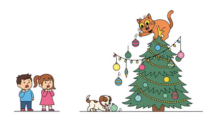 Christmas Chaos: A humorous scene unfolds as a mischievous cat perches atop a decorated tree, playfully batting ornaments, while an excited puppy watches.