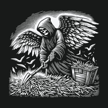 Grim Reaper with Angel Wings Gathers the Harvest Illustration.