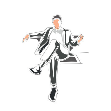 Isolated vector illustration of a confident man in a suit sitting with one leg crossed, front view. Relaxed male figure leaning on the chair back and gesturing as if explaining. Business people
